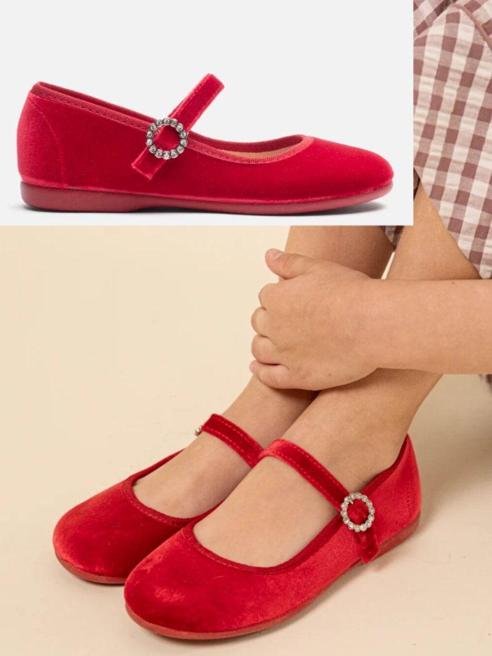 Childrenchic Marjen Holly Red Velvet Mary Janes Girls Rhinestone Made in Spain